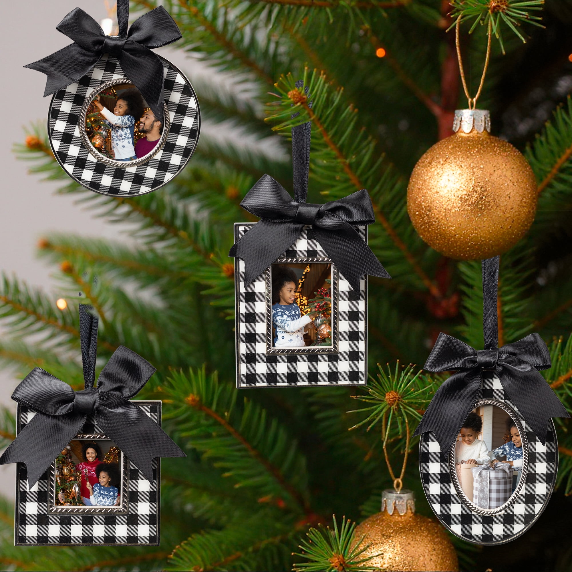 Buffalo Plaid Photo Frame Christmas Ornaments with Bows - 3.5" - Set of 4