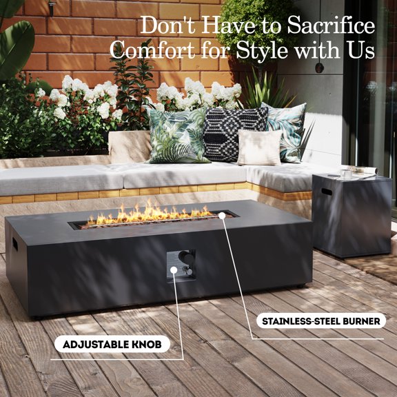 UPHA 56-inch Outdoor Propane Rectangle Fire Pit Table 50000 BTU Iron Gas FirePit for Outside Patio with Tank Cover, Removable Lid, Lava Rocks, Rain Cover, Grey