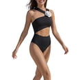 thumbnail image 4 of INSPIRE CHIC Women's 3D Flower Bandeau Bikini Sets 2 Piece Single Side Wide Double Strap Tops High Waist Bottoms Swimwear Bathing Suits Small Black, 4 of 5