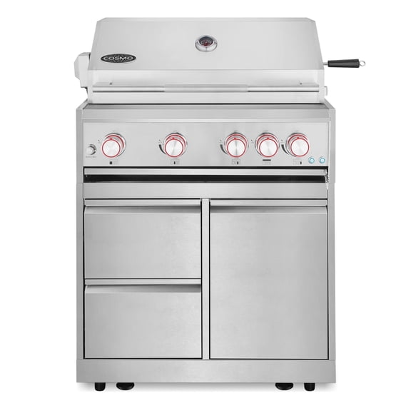 Cosmo 32 in. Newport Collection 4 Burner Propane Gas Grill and Grill Cabinet, Rotisserie, Storage Drawers, Stainless Steel