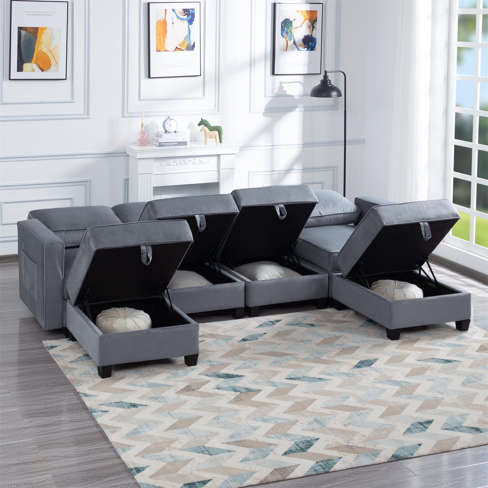 Aukfa 116" Velvet Storage Sectional Couch for Living Room, Modular Sleeper Sofa U-Shaped Sofa, Gray