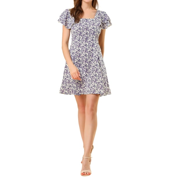 Vestido impreso con cuello cuadrado y mangas con volantes INSPIRE CHIC para mujer en color beige y púrpura M