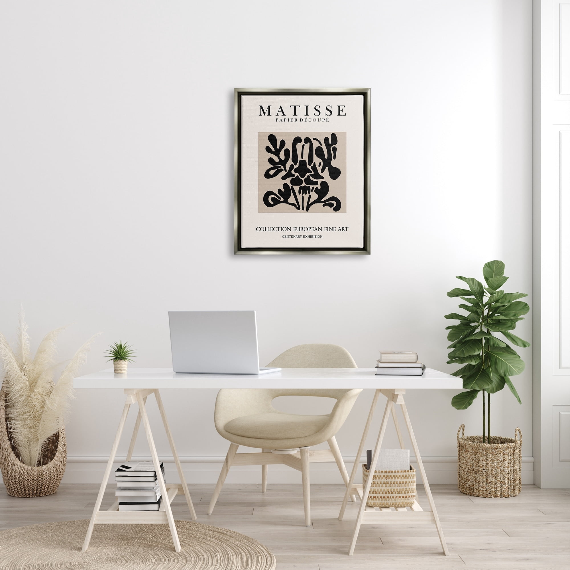 Stupell Industries Abstract Contemporary Black Floral Design Matisse Typography Luster Gray Framed Floating Canvas Wall Art, 24x30, by Ros Ruseva