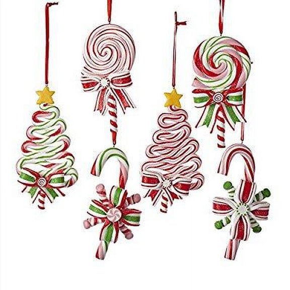 kurt adlerpeppermint candy lollipop ornament - 6 assorted: 2 each christmas tree, candy cane and round lollipop