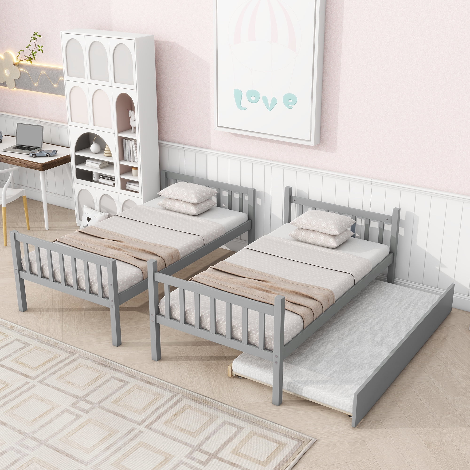 Leumius Twin over Twin Size Bunk Bed Frame with Trundle, Twin Size Bunk Bed with Ladder and Safety Guardrails for Boys Girls Grey
