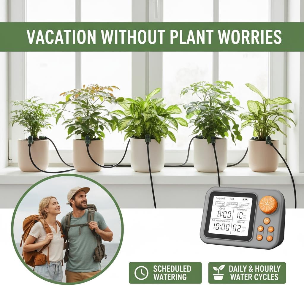 Smart Indoor Plant Watering System with Humidity Sensor, Automatic Drip Irrigation Kit for 10-15 Potted Plants, Self-Watering Device for Vacation & Daily Office/Garden Use.