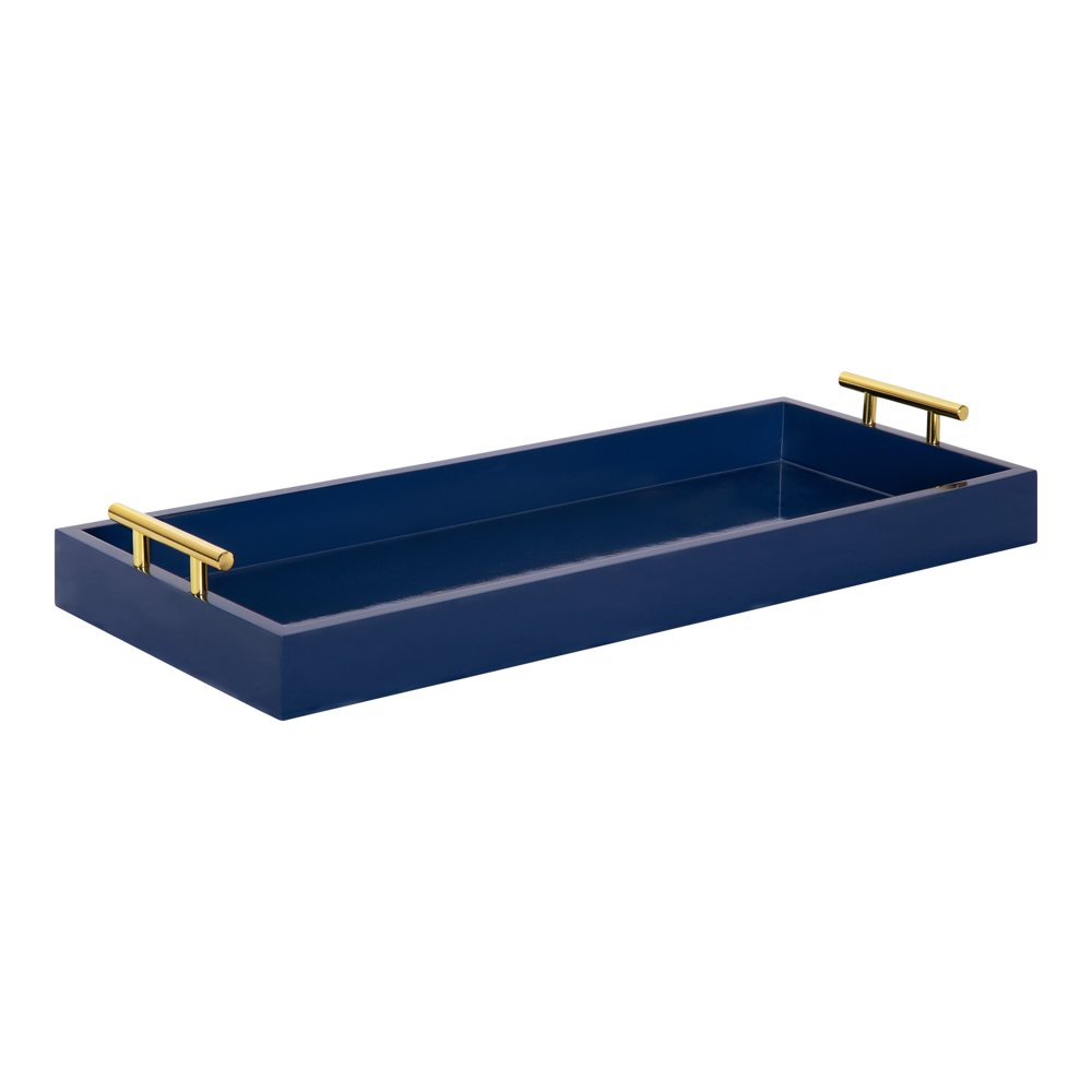 Kate and Laurel Lipton Narrow Decorative Tray with Polished Metal Handles, 10" x 24", Navy Blue