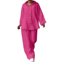 MIUOWANP Trendy Outfits for Women 2024 Women's Fall/Summer Solid Color V-Neck Casual Long Sleeve Pocket Wide Leg Pantsuit Slim Fit Outfits Loungwear for Women, Size XXXXXL Hot Pink