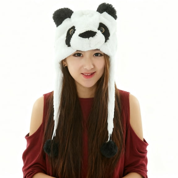 Unisex Plush Animal Face Winter Hood Ski Hat with Long Ear Straps Pom Pom Ends Soft Fleece Lined Earflap Cap for Women Kids and Parties