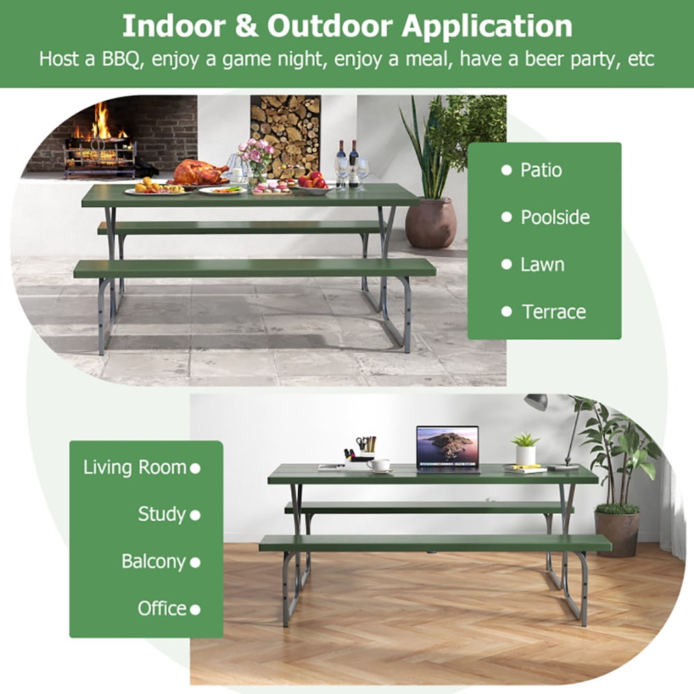 Aimee Lii 6 FT Picnic Table Bench Set Dining Table and 2 Benches with Metal Frame and HDPE Tabletop, Outdoor Patio Furniture, Green Aimee Lii 6 FT Picnic Table Bench Set Dining Table and 2 Benches with Metal Frame and HDPE Tabletop, Outdoor Patio Furniture, Green