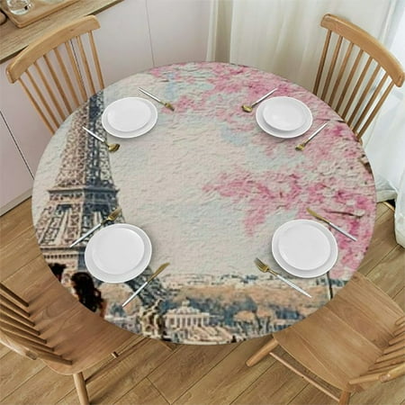 

SHERONV Eiffel Tower Cherry Blossoms Round Tablecloth Stain-Resistant 54 -58