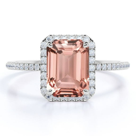 JeenMata 1.75 Carat Emerald Cut created morganite Halo Engagement Ring in 18k White Gold over Silver