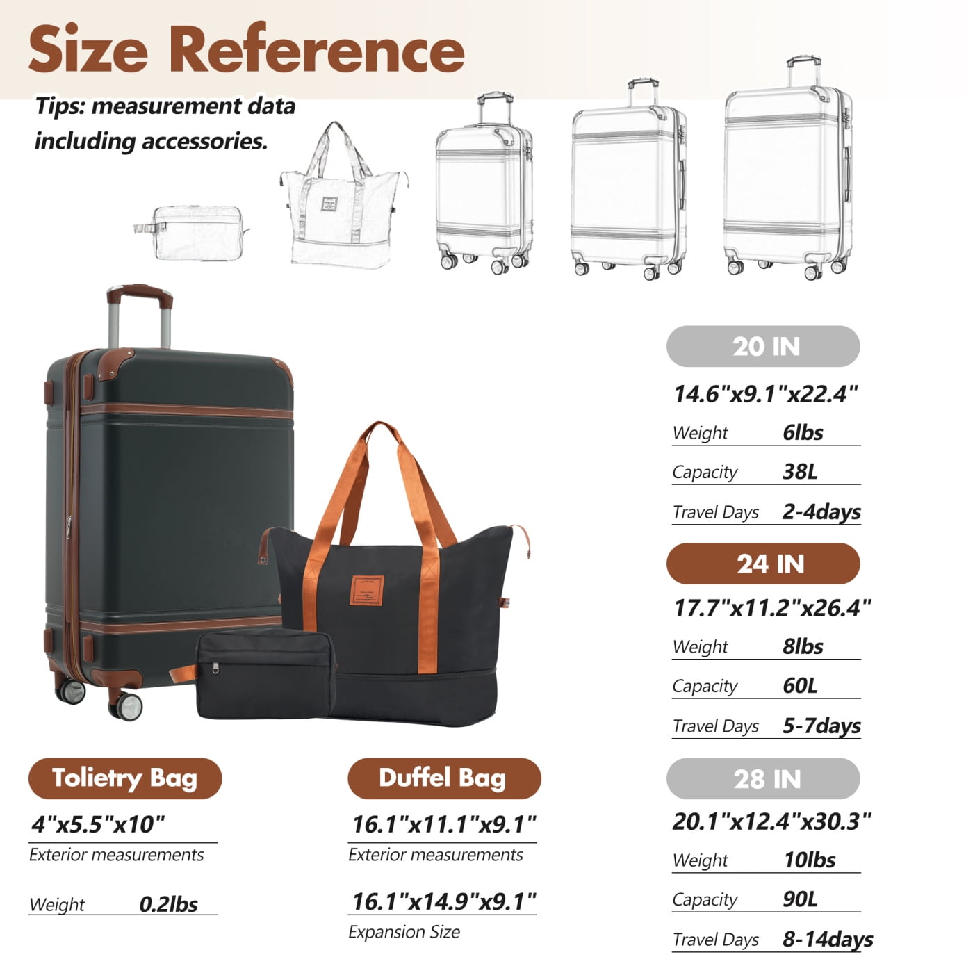 Hardshell Luggage Sets 3 Piece with Telescopic Handle, 24" Lightweight Suitcase with Double Spinner Wheels and Lock, Vintage Luggage for Travel, Black