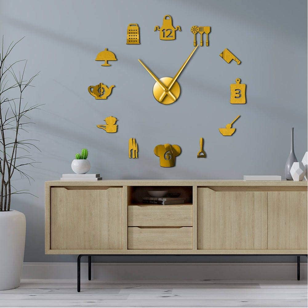 Kitchen Cooking Tools Wall Clock Sticker Giant DIY Utensils  Dining Room Decor 