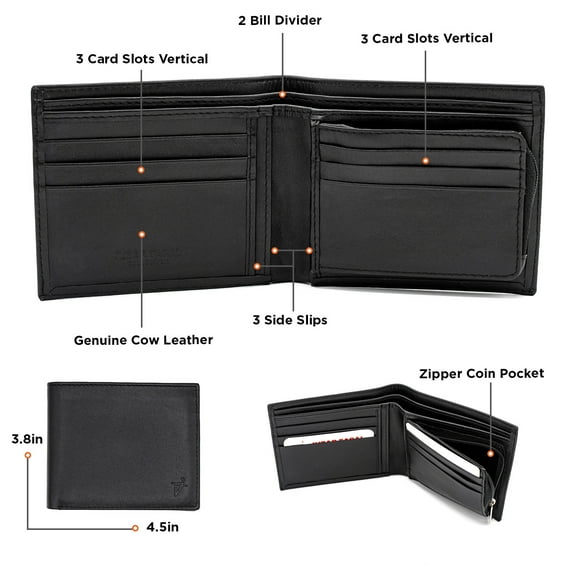 black bi-fold wallet hidden zip coin pouch hipster calf leather 53-26 w gift box