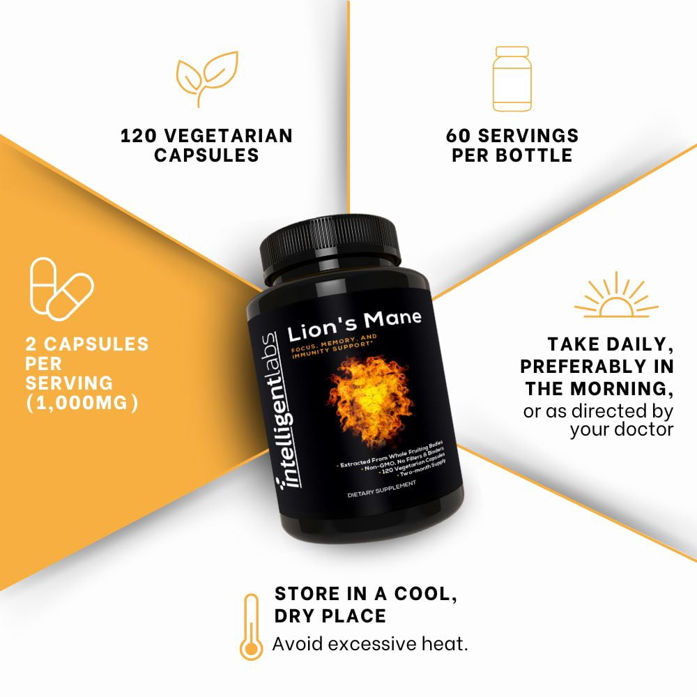 Intelligent Labs Lion's Mane Mushroom Extract 1,000mg | 100% Fruiting Body | 25% Beta-Glucans Nootropic | 120 Capsules (60-days Supply)