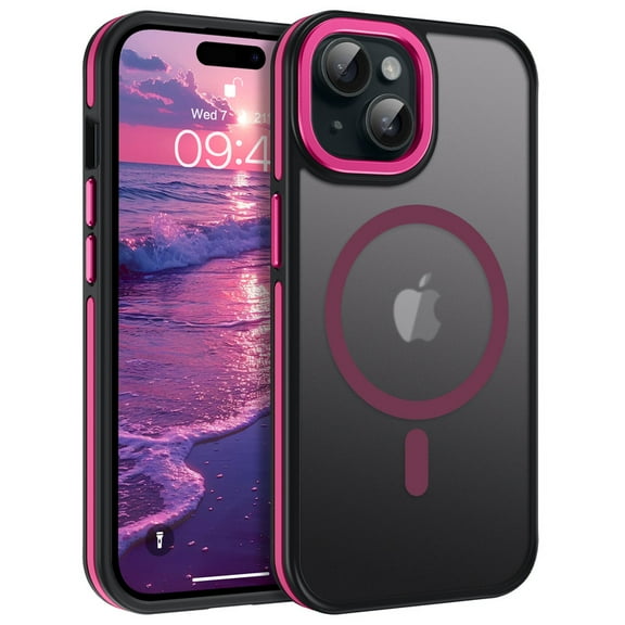 VENINGO Magnetic for iPhone 15 Case, Compatible with Mag-safe, Drop Protection, 6.1" Metal Camera Frame Translucent Slim Protective Cover for Women Girls, Hot Pink