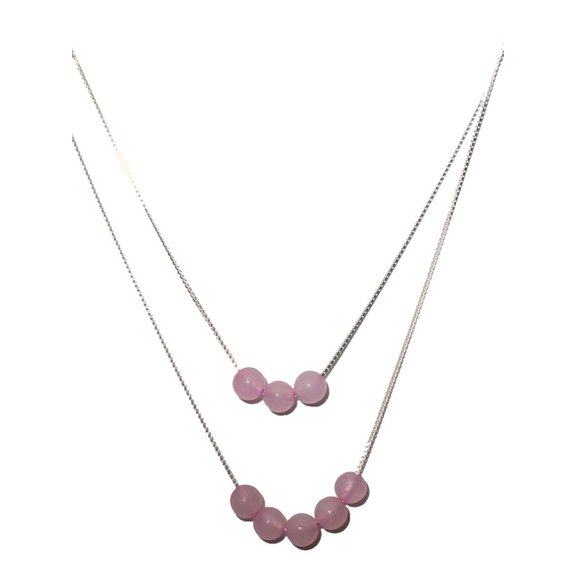 2-Strand Rose Quartz Stone Beads Sterling Silver Box Chain Necklace Adjustable 16" 2"