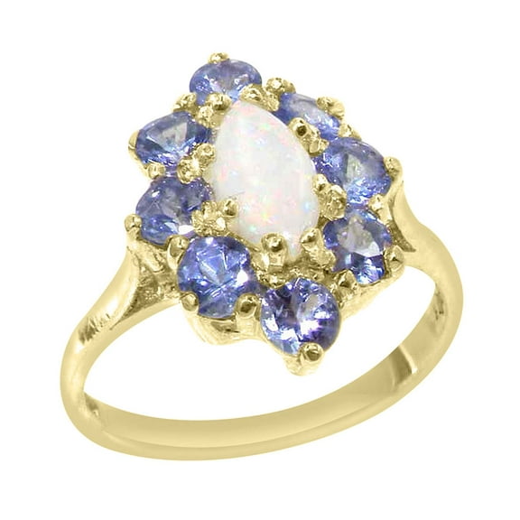 LBG British Made 14k Yellow Gold Natural Opal & Tanzanite Womens Statement Ring - 33 size options - Size 10