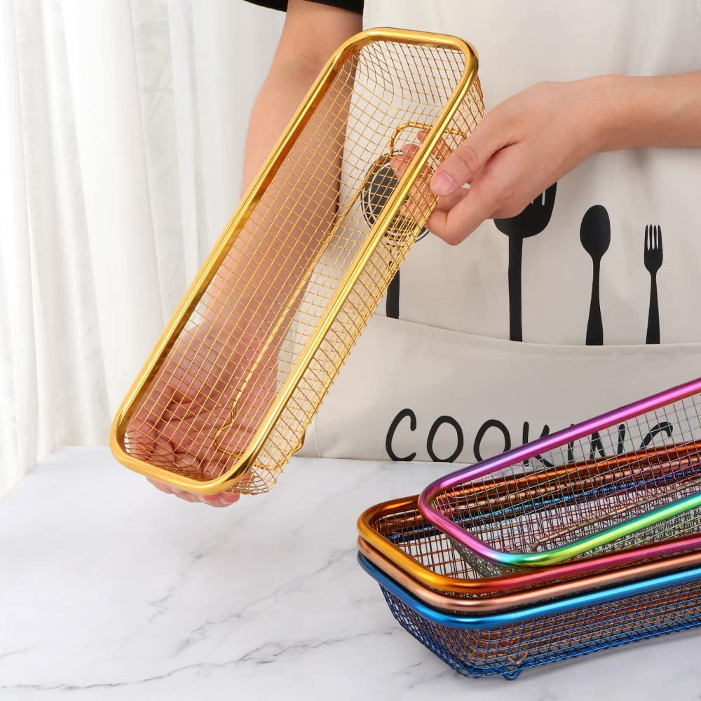 Kitchen Flatware Drawer Organizer, 2pcs Stackable Mesh Cabinet Storage Basket, Stainless Steel Kitchen Utensils Filter Drying Rack Holder for Knives, Fork, Spoon Chopsticks (Purple)