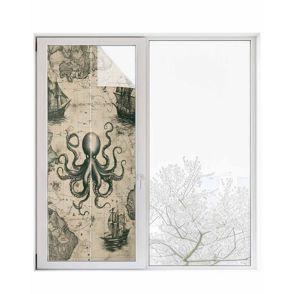 Window Privacy Film Medieval Octopus Stained Glass Window Film Decorative Sun Block Window Cover Vintage Nautical Boat Retro Map Window Clings Static Adhesive Sticker for Bathroom 29.5"x78.7"