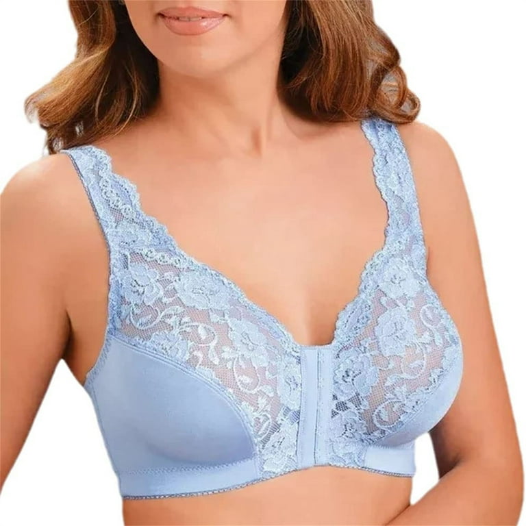 Sksloeg Bras for Women No Underwire Push Up Front Closure Lace Mesh V-Neck  Bra Full Coverage Back Support Wireless Plus Size Bras for Women,Sky Blue  4X-Large 