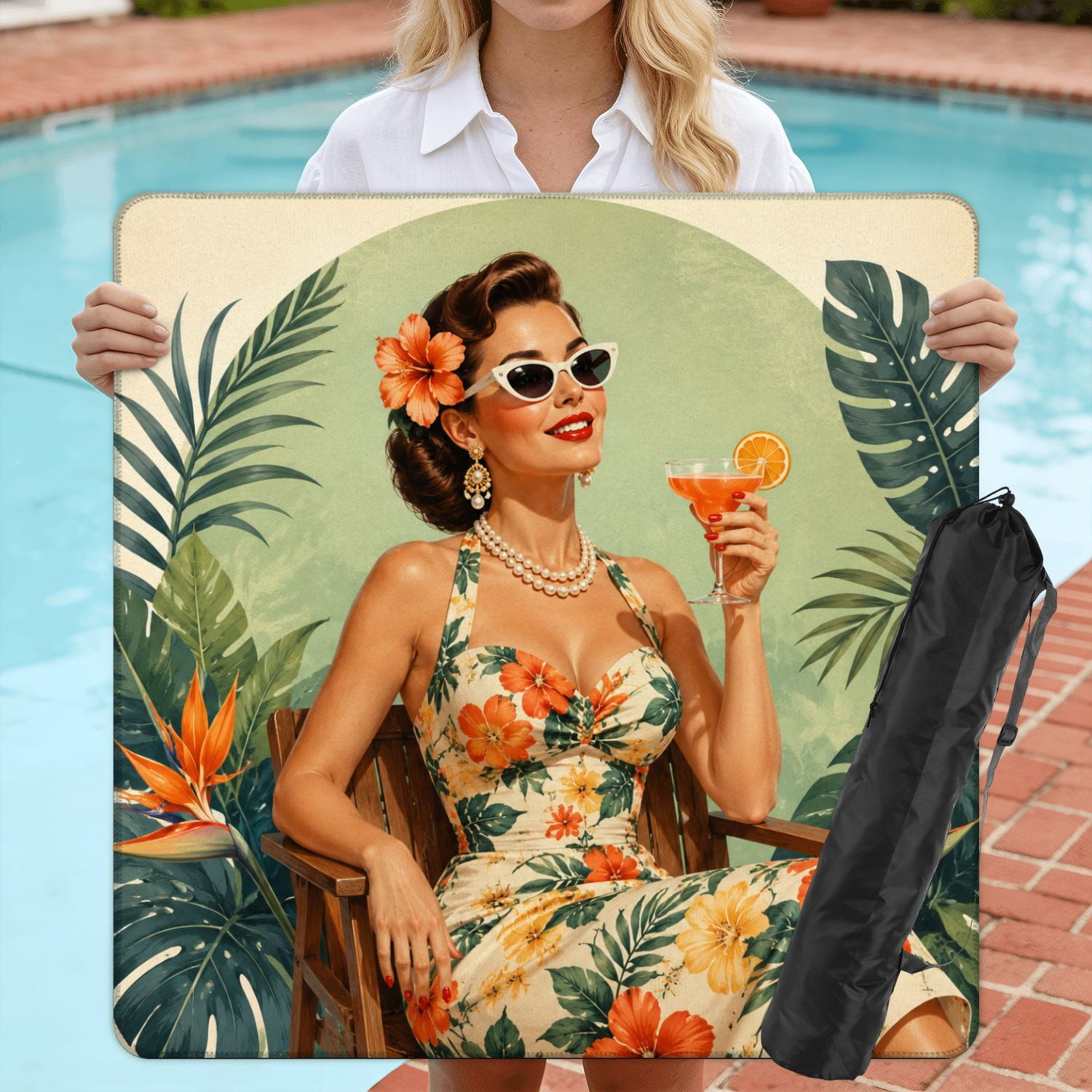 Mahjong Mat 31.5" x 31.5" Vintage Tropical Woman Cocktail Floral Dress Non-Slip Noise Reduction American Mahjong Tiles Table Cover for Dominoes Poker Card Board Games Gift