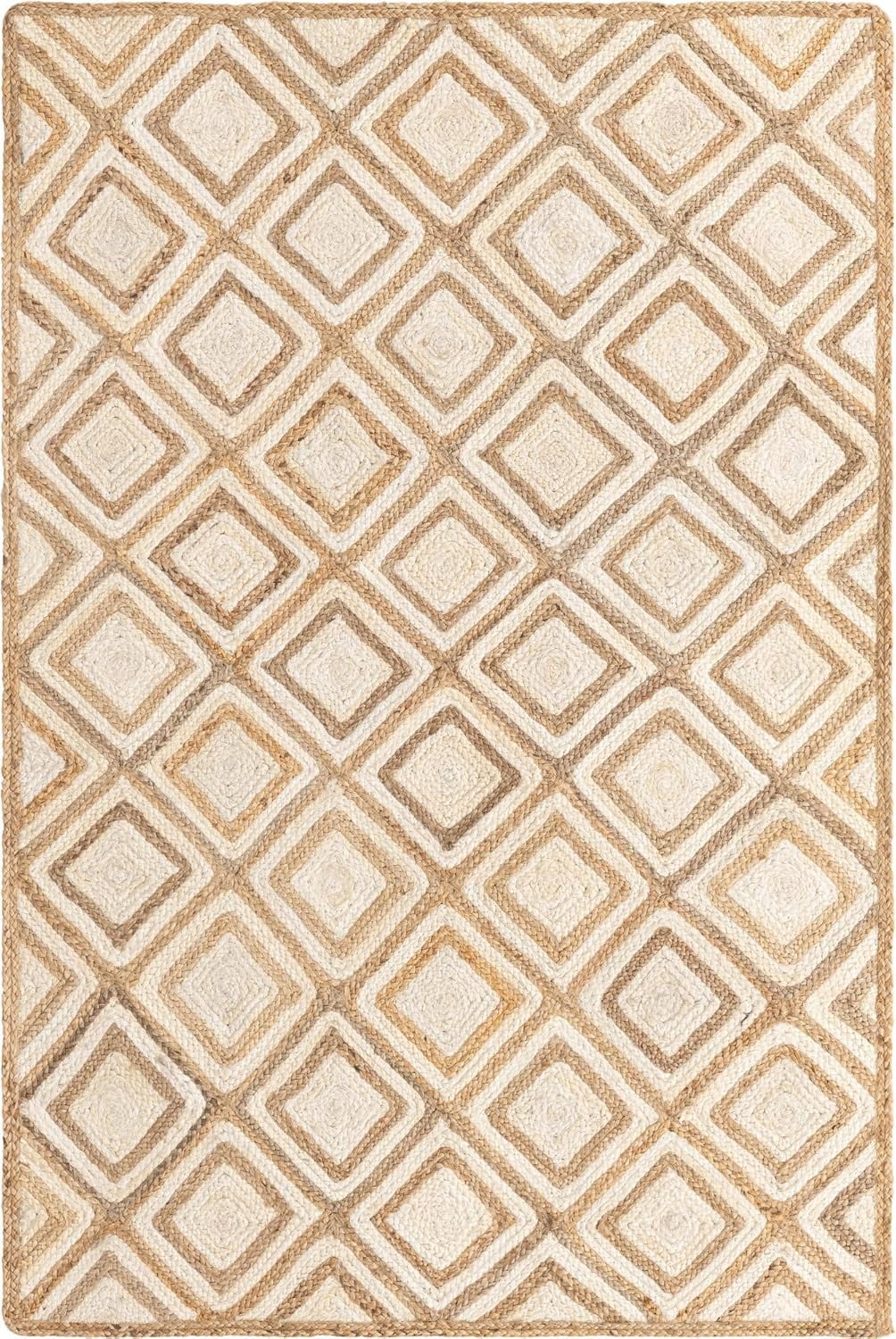 Indian Handmade Braided Natural Jute with White Box Rectangular Design Area Rug 10 x 14 Feet (304 cm x 427 cm), Home Decor Rugs