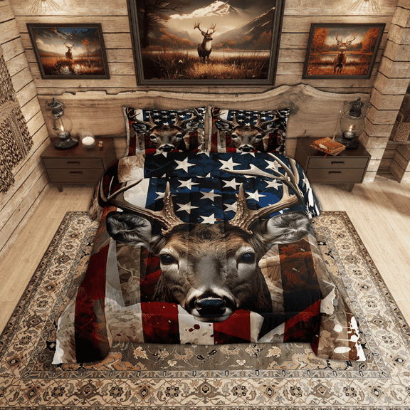 Erosebridal American Flag Twin Size Bedding Set Cute Deer Comforter Teens Bedroom Decor, USA Federations Geometry Stripes Bed Comforter Set Rustic Deer Duvet Insert 2 Piece