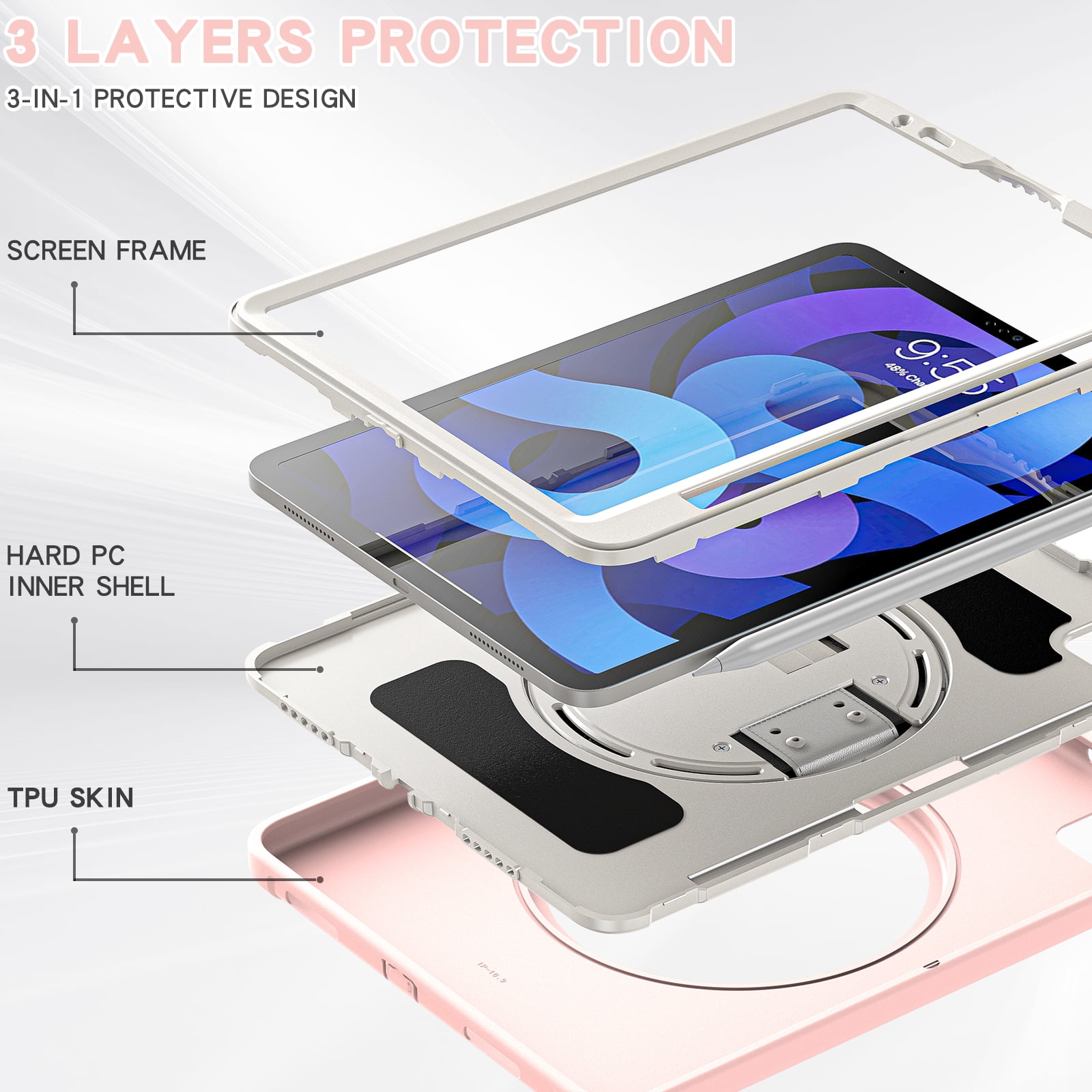 For iPad Air 11 Inch 2026/2025/2024 Case with Pencil Holder, Military Grade Shockproof Kickstand Handle Strap Anti-Scratch Kids Friendly Bumper Tablet Case Cover for Apple iPad Air 11" M4 M3 M2
