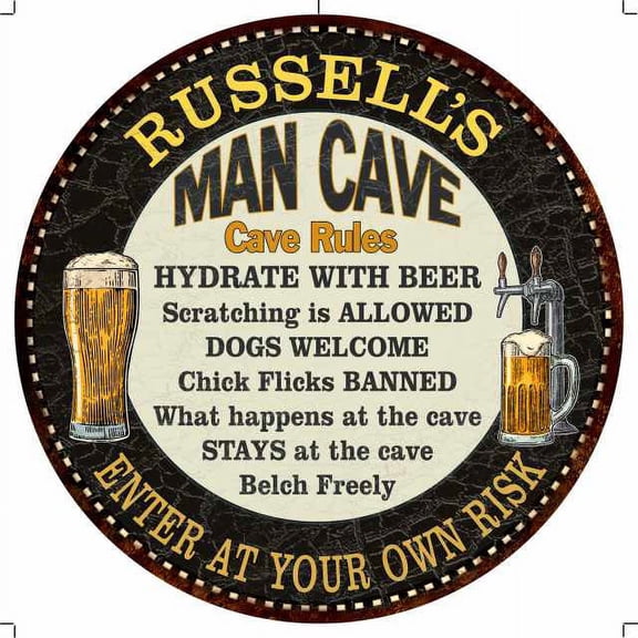 RUSSELL'S Man Cave Rules 14" Round Metal Sign Garage Wall Decor 100140010437