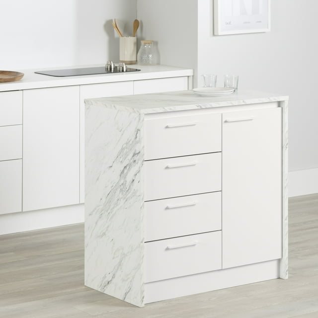 South Shore Myro Compact Kitchen Island with Storage, in Faux White Marble and White