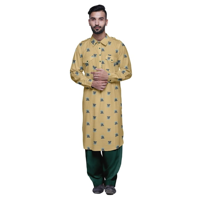 Atasi Kurta Pathani en Rayonne Imprimée avec Salopette Solide pour Hommes Tenue de Fête