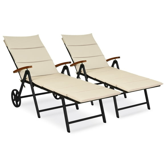 Patiojoy 2PCS Folding Outdoor Rattan Chaise Lounge Chair Cushioned Recliner with Wheels&Cushion