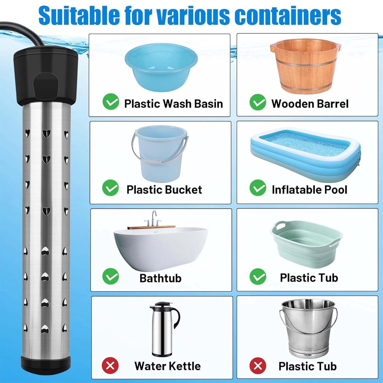 Electronic Heating Rod with Automatic Shut-Off,Portable Water Heater with Temperature Control,Stainless Steel Construction 29cm Length,Overheat Protection,Suitable for Bath Pool and Plastic Basin