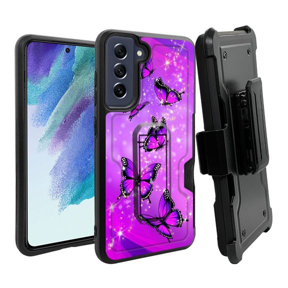 ANJ  Rugged Dual Layer Hybrid Holster Kickstand Case w/ Card Slot   Tempered Glass Cover for Samsung Galaxy S21 FE 5G - Hot Pink Butterfly