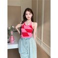 thumbnail image 1 of VISgogo, camisetas sin mangas de punto con cuello Halter para mujer con patrón a cuadros, ropa de verano versión delgada a juego de colores VISgogo moda, 1 of 2