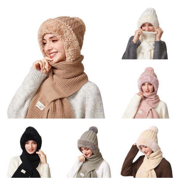 Daznico Cable Knit Pom Pom Ear Flap Beanie and Ribbed Knit Long Scarf 2 Piece Set Lined Thermal Winter Accessories for Ladies Outdoor Activities in Cold Weather