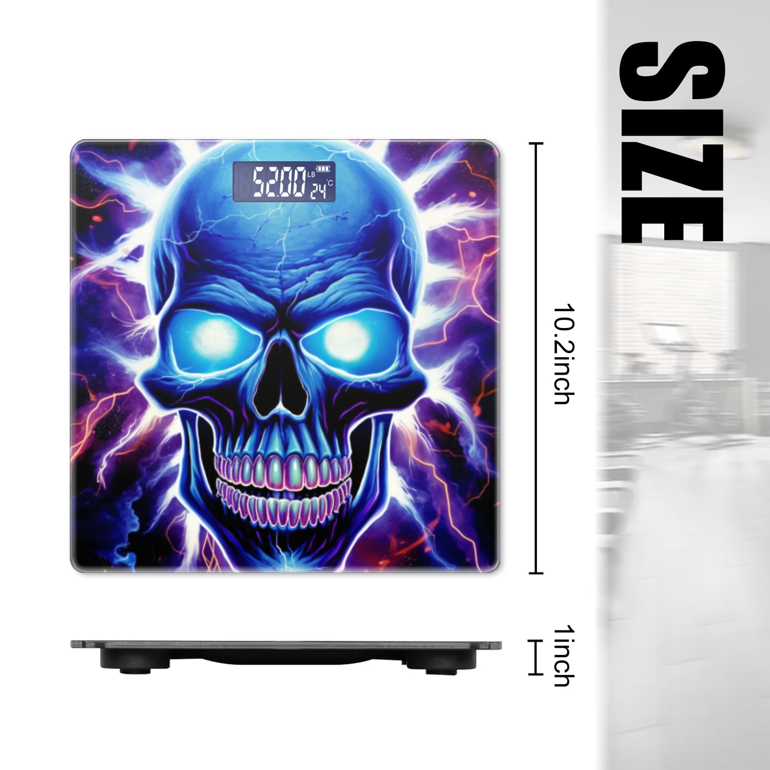 Bathroom Scale, Highly Accurate Digital Body Scale,Precisely Measures Weight up to 400 lbs-Cartoon-Style Skull With Blue Glowing Eyes