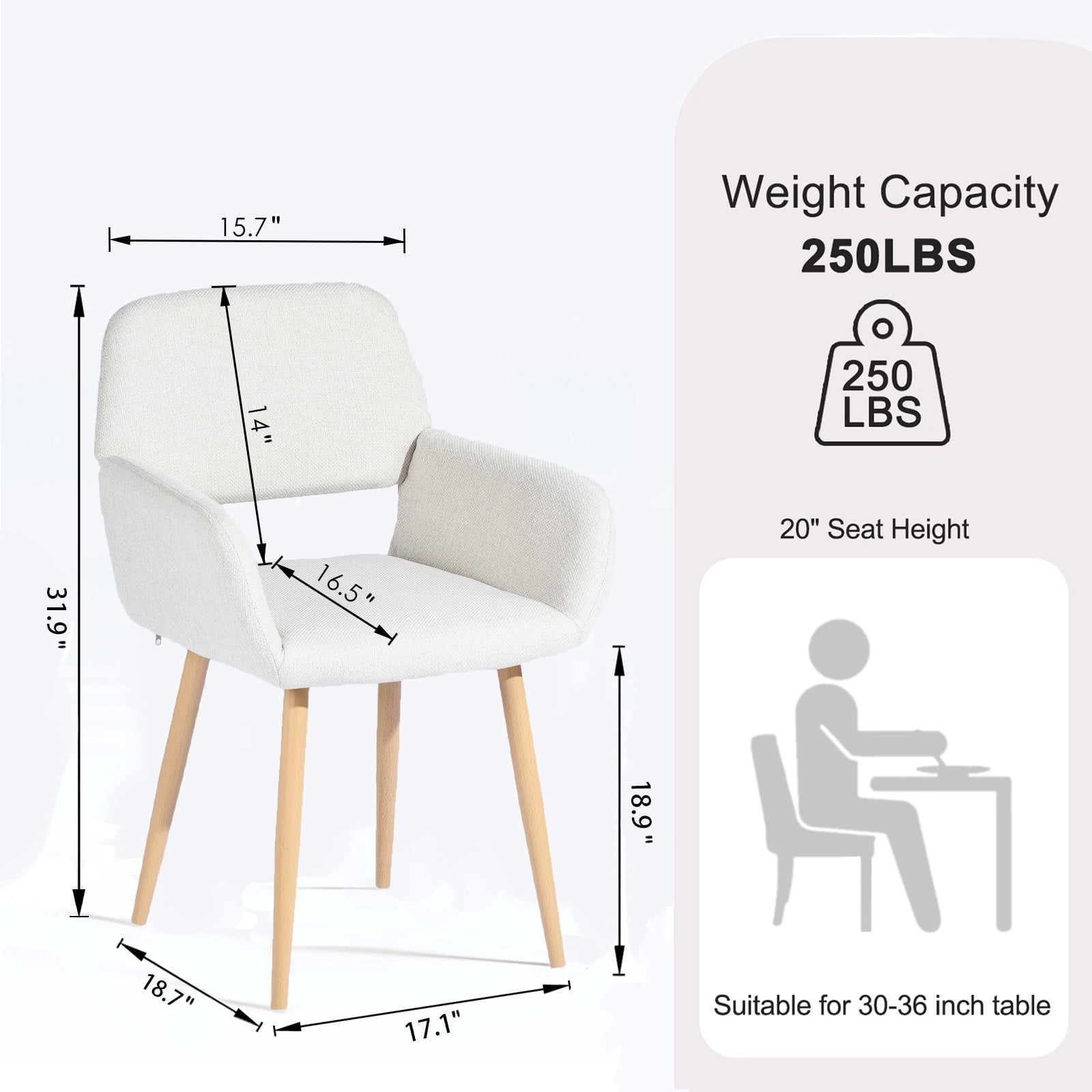 Homy Casa Set of 2 Modern Upholstered Dining Armchairs with Wood Legs for Kitchen Beige