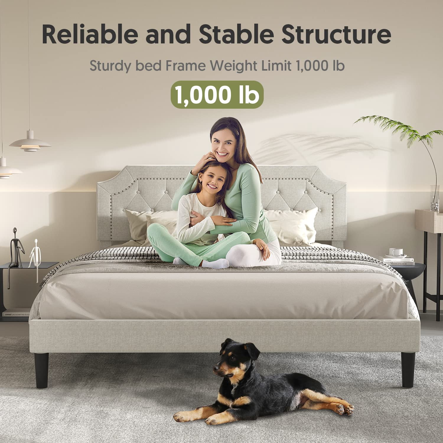 BONSOIR QUEEN Size Bed Frame Upholstered Low Profile Traditional Platform with Tufted and Nail Headboard/No Box Spring Needed/No Bed Skirt Needed/Linen Fabric Upholstery/Color of Sand