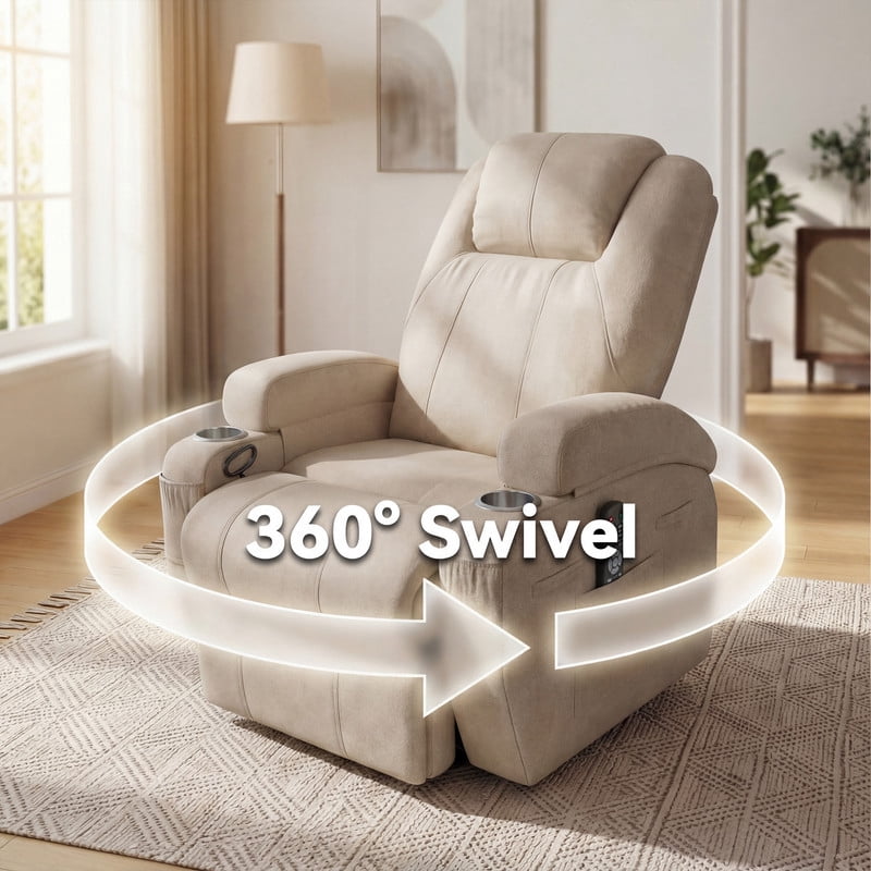 Homall 360° Swivel Rocking Recliner Massage Oversized Singal Sofa For Living Room Ergonomic High Backrest and Adjustable Recliner,Linen Beige