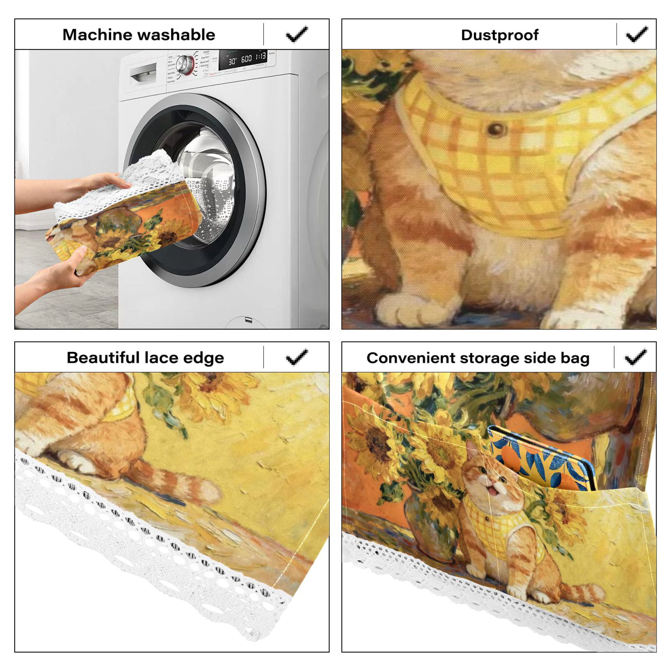 Wobogo Sunflower Fluffy Cat Washing Machine Cover Dustproof Washer Dryer Cover Waterproof Laundry Room Decorative Protector