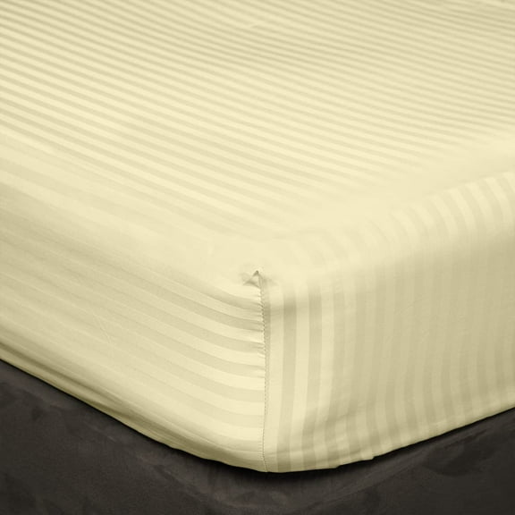 600 Thread Count 3 Piece Set , 100% Egyptian Cotton 15" Deep Pocket Fitted Bed Sheets , Fade Resistant Soft & Sateen Weave and Luxury, Olympic Queen Size -Ivory Stripe