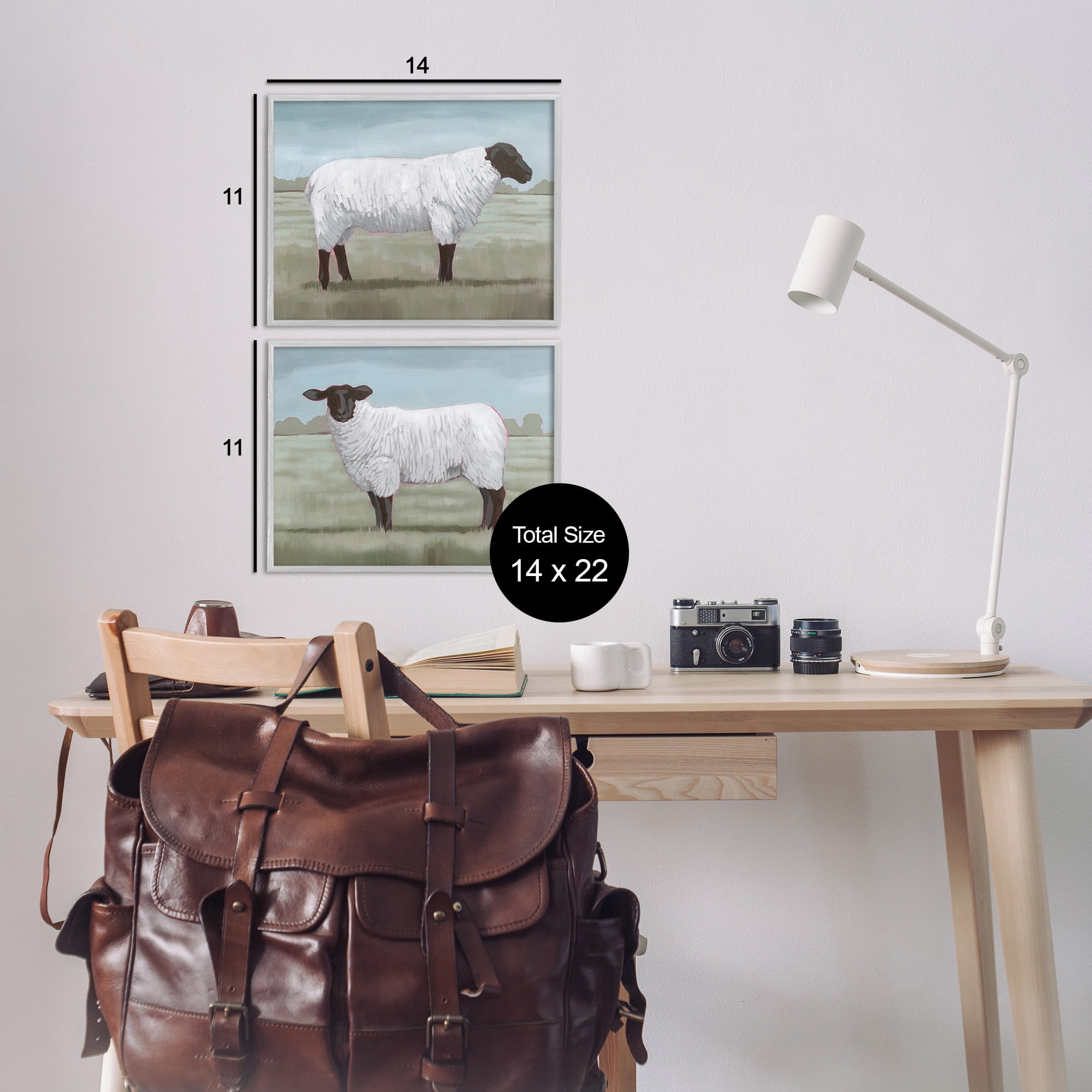 Stupell Industries Sheep Duo in Pasture Animals & Insects Painting Gray Framed Art Print Wall Art, 14 x 11, Set of 2