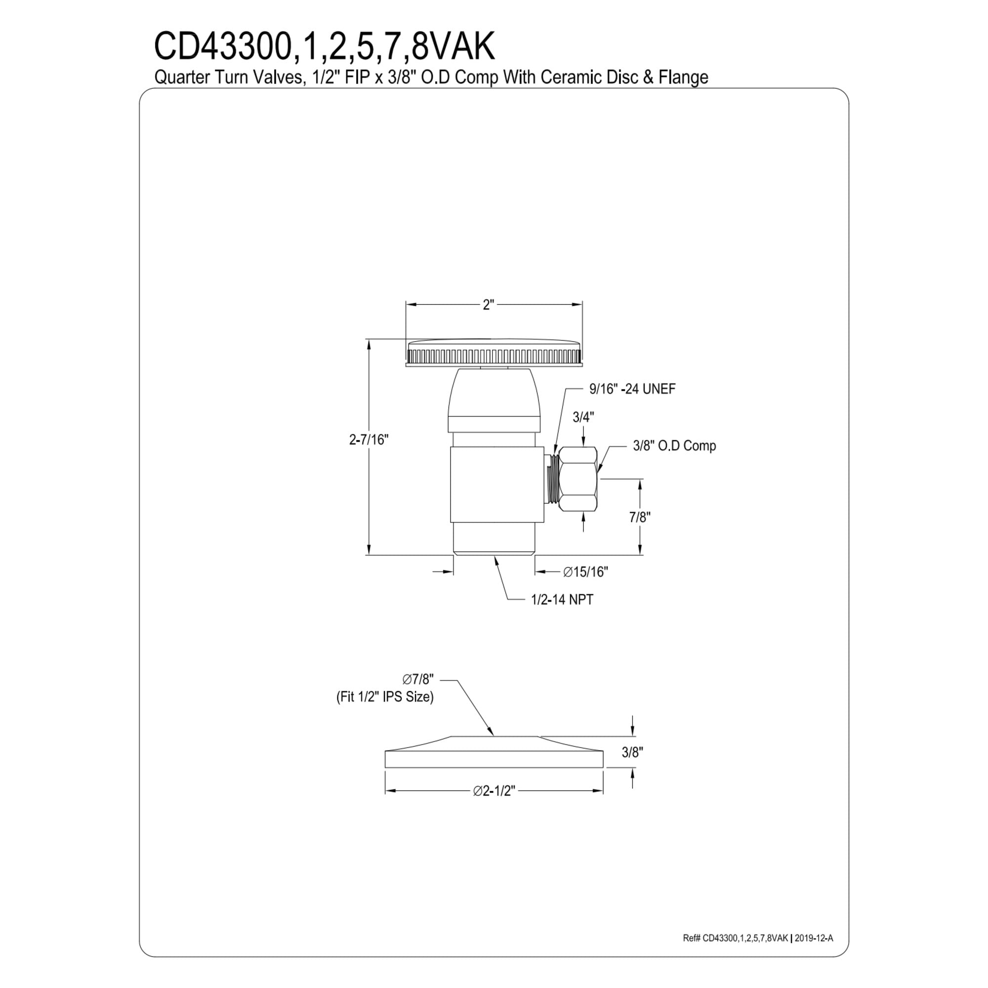 Kingston Brass CD43300VAK 1/2-Inch FIP x 3/8-Inch O.D. Anti-Seize Deluxe Quarter-Turn Ceramic Hardisc Cartridge Angle Stop with Flange in Matte Black