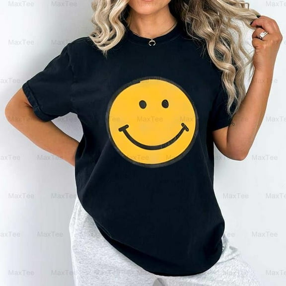 Positive Vibes Cartoon Friendly Smiley Face Bright Graphic Comfort Color T-Shirt, Up to Size 4XL