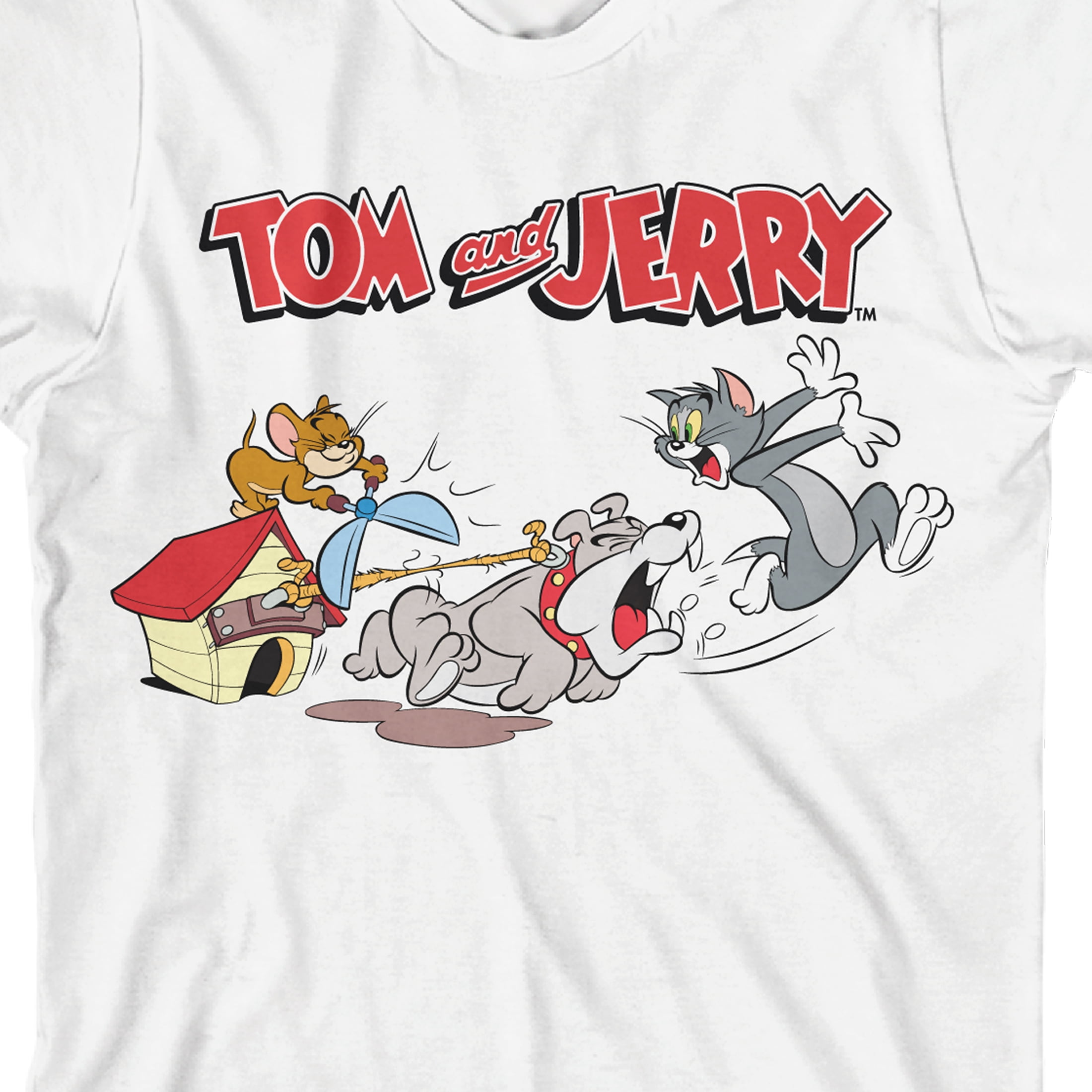 Tom & Jerry Spike Chasing Tom Crew Neck Short Sleeve Boys\' White T-shirt-XS