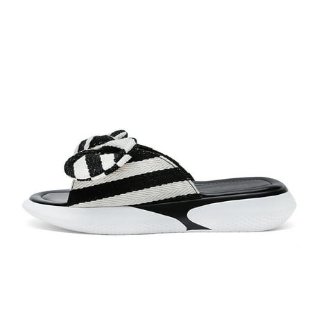 

Women‘s Big Bowknot Striped Beach Sandals Fashionable Non-slip Open Toe Slides Shoes Outdoor Flat Slippers