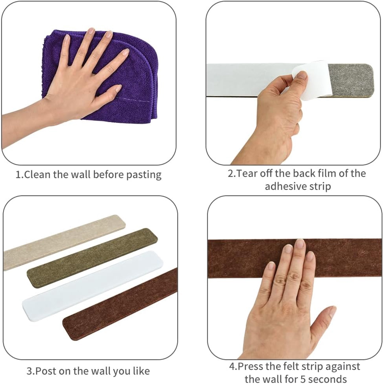 8 pcs Bulletin Board Bar Strips with 50 Pushpins & 10 Wooden Clip pins，Self Adhesive Cork Board for Wall，Felt Pin Board for School，Office Decor(Coffee-Brown White)